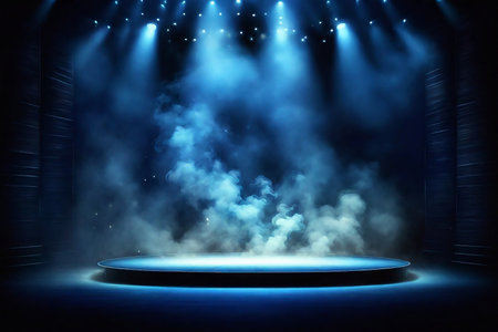 Blue stage background with spotlights and smoke, 3d render illustrationの素材