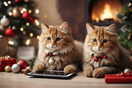 Cute cat and tablet computer on wooden table in room decorated for Christmasの素材