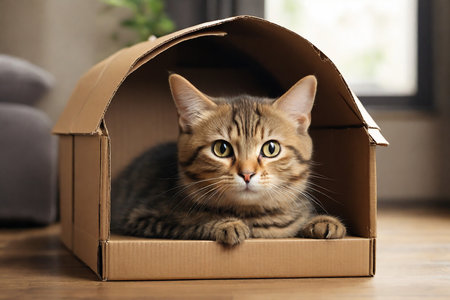 Cute tabby cat in cardboard box at home, closeupの素材
