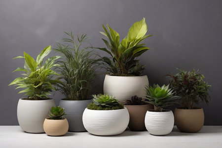 Beautiful houseplants in pots on wooden table against gray wallの素材