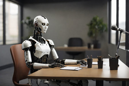 Robot sitting at table in modern office. Artificial intelligence concept.の素材