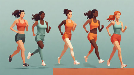 Vector illustration of a group of young women running in different poses.の素材