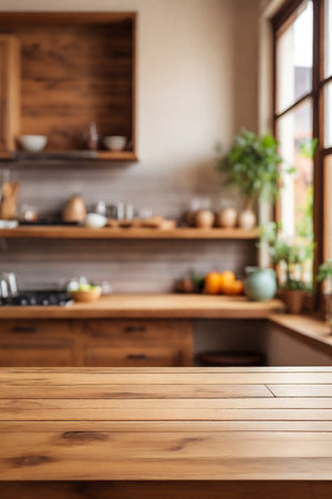 Empty wooden table and blurred kitchen interior backgroundの素材