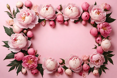 Frame made of beautiful peonies on pink background, top view. Space for textの素材