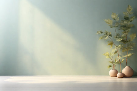 Modern interior of a bright room with a light blue wall, 3d illustrationの素材