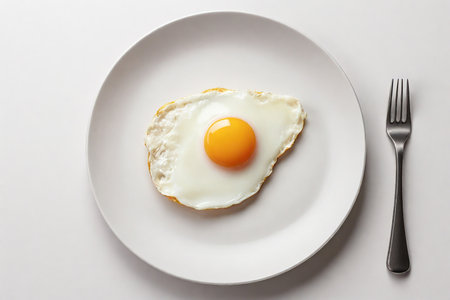 Fried egg on a plate with a fork on a white backgroundの素材