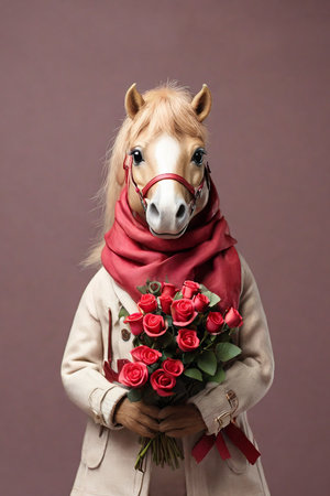 Horse in a coat with a bouquet of red roses on a brown backgroundの素材