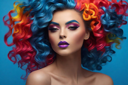 Glamorous portrait of beautiful young woman with bright make up and a crazy rainbow-colored hairstyle on a bright blue background.の素材