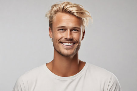 Portrait of handsome young man with blond hair smiling and looking at cameraの素材