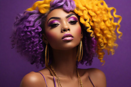 Beautiful African American woman with bright makeup and hairstyle on violet backgroundの素材