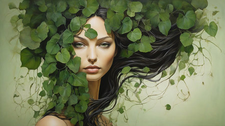 Beautiful young woman with green leaves in her hair. Natural beauty.の素材