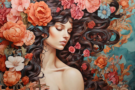 Portrait of a beautiful young woman with long curly hair and flowersの素材