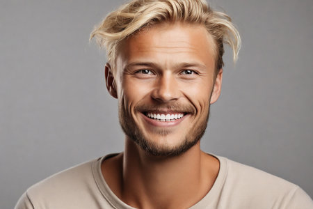 Portrait of a handsome young man with blond hair smiling at cameraの素材