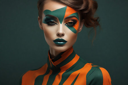 Portrait of a beautiful girl with green and orange make-upの素材