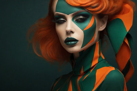 Portrait of a woman with fashion abstract makeup in green and orange tones.の素材