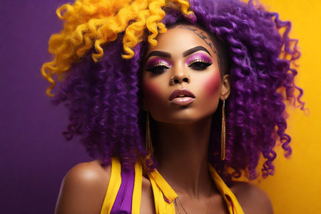 Beautiful african american woman with afro hairstyle and colorful makeupの素材