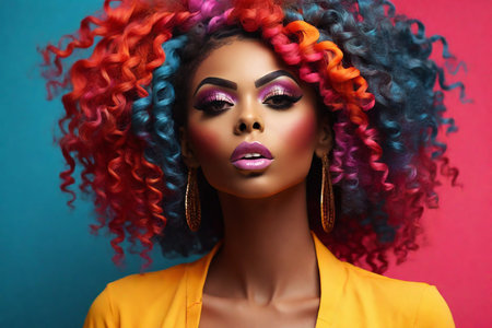 Beautiful African American woman with bright makeup and colorful hairの素材