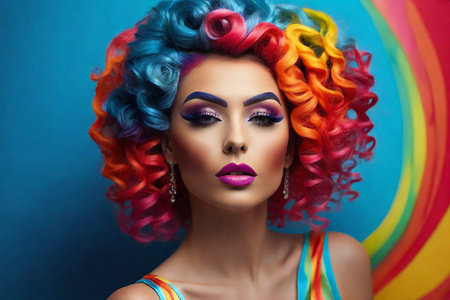 Glamorous portrait of a woman with a crazy rainbow-colored hairstyle and bright makeup on a bright blue background.の素材