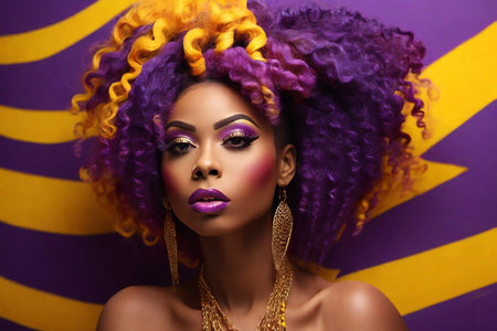 Beautiful african american woman with afro hairstyle and bright makeupの素材