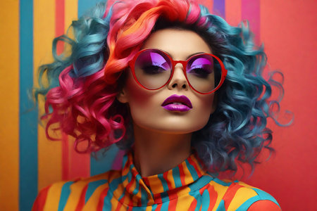 Glamorous portrait of a woman with a crazy multi-colored hairstyle, bright makeup and fashionable glasses on a bright colored background.の素材