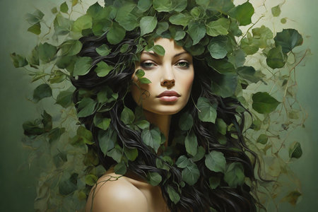 Portrait of beautiful young woman with green leaves in her hair.の素材