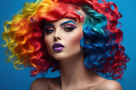 Portrait of beautiful young woman with a rainbow-colored hairstyle and bright makeup on a bright blue background.の素材