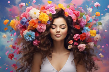 Portrait of beautiful young woman with wavy hair and colorful flowers in her hairの素材
