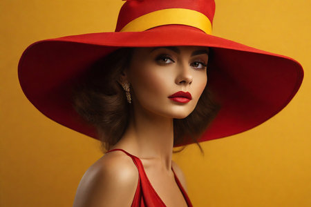 fashion studio photo of gorgeous woman with dark hair in elegant swimsuit and red hatの素材
