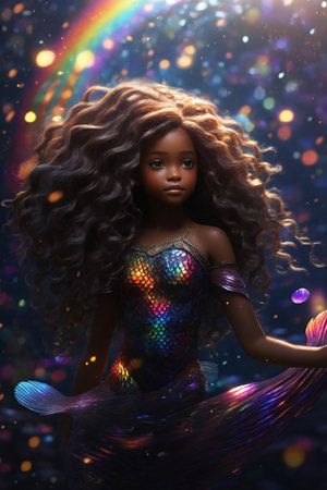3d rendering of a beautiful African American woman with curly hair on a colorful backgroundの素材