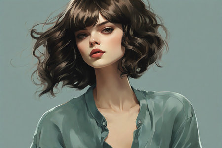 Portrait of a beautiful young woman with short wavy hair.の素材