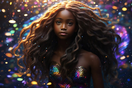 Beautiful african american woman with long afro hairstyle and shiny makeupの素材