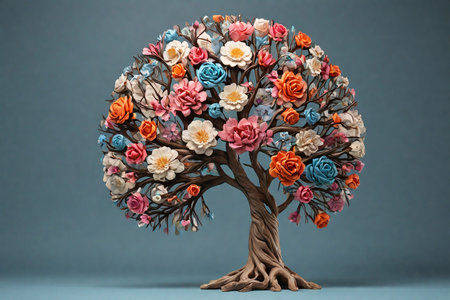 Tree made of flowers on blue background. 3d render illustration.の素材
