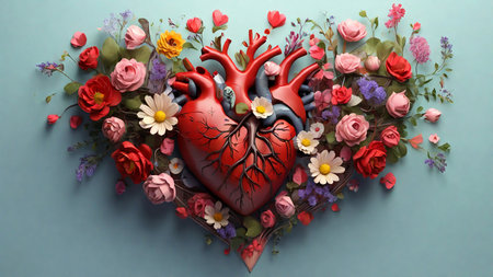 Heart shape made of flowers on blue background. 3D illustration.の素材