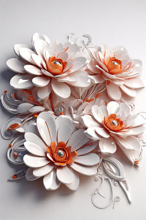 3D glow bright and shining futuristic flowers on a clean white backgroundの素材