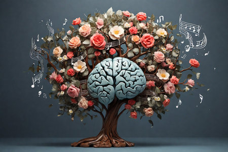Human brain with flowers and music notes in the shape of a treeの素材