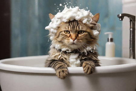 Cute fluffy cat in bathtub with foam on head at homeの素材