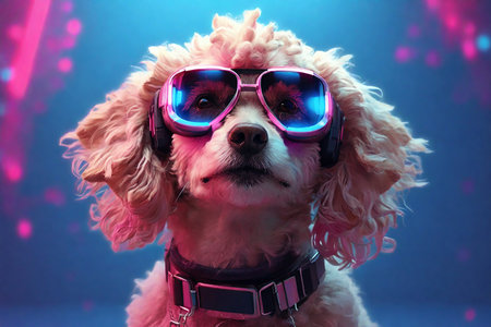 Futuristic illustration of petfluencer character Maltese Poodle dog in VR goggles illuminated with pink light against neon blue backgroundの素材