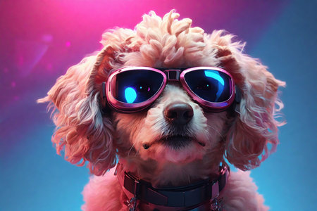 Cute futuristic dog with pink VR goggles illuminated with pink light against neon blue backgroundの素材