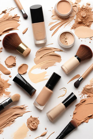 Liquid foundations, makeup brush, swatches and face powder on white background, flat layの素材