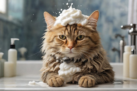 A funny cat with shampoo foam on his head sits in the bathroom.の素材
