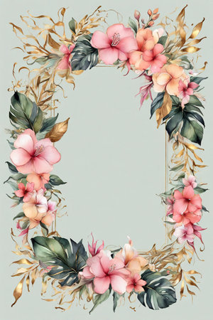 Watercolor tropical floral frame with hibiscus flowers, palm leaves and golden garlands.の素材