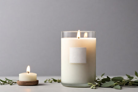 Burning candle with eucalyptus branches on table against gray backgroundの素材