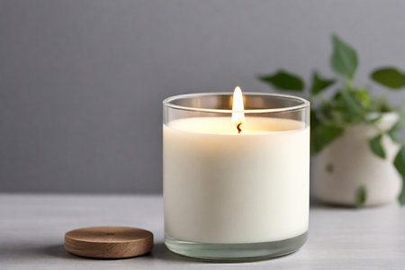 Burning candle in glass on gray background, closeup. Space for textの素材