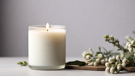 White burning candle with white flowers on a wooden board on a gray backgroundの素材