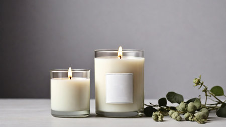 Burning candles and eucalyptus branches on white wooden tableの素材