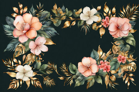 Watercolor floral frame with gold and pink flowers on black background.の素材