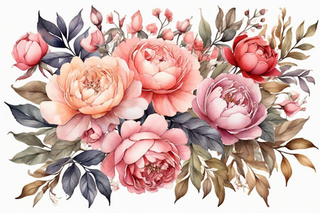 Beautiful watercolor floral composition with peony flowers and leaves, hand drawn illustrationの素材