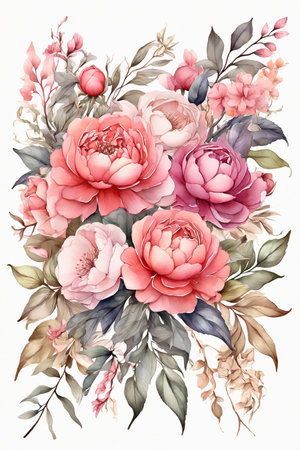 Beautiful watercolor bouquet with peony flowers. Illustrationの素材