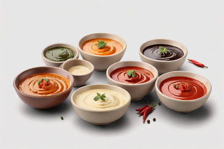 Assorted sauces in bowls isolated on white background with copy space.の素材