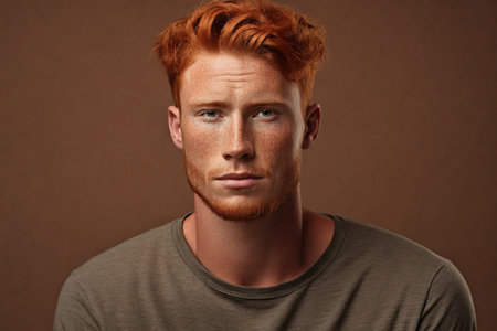 Portrait of a redhead man with freckles on his faceの素材